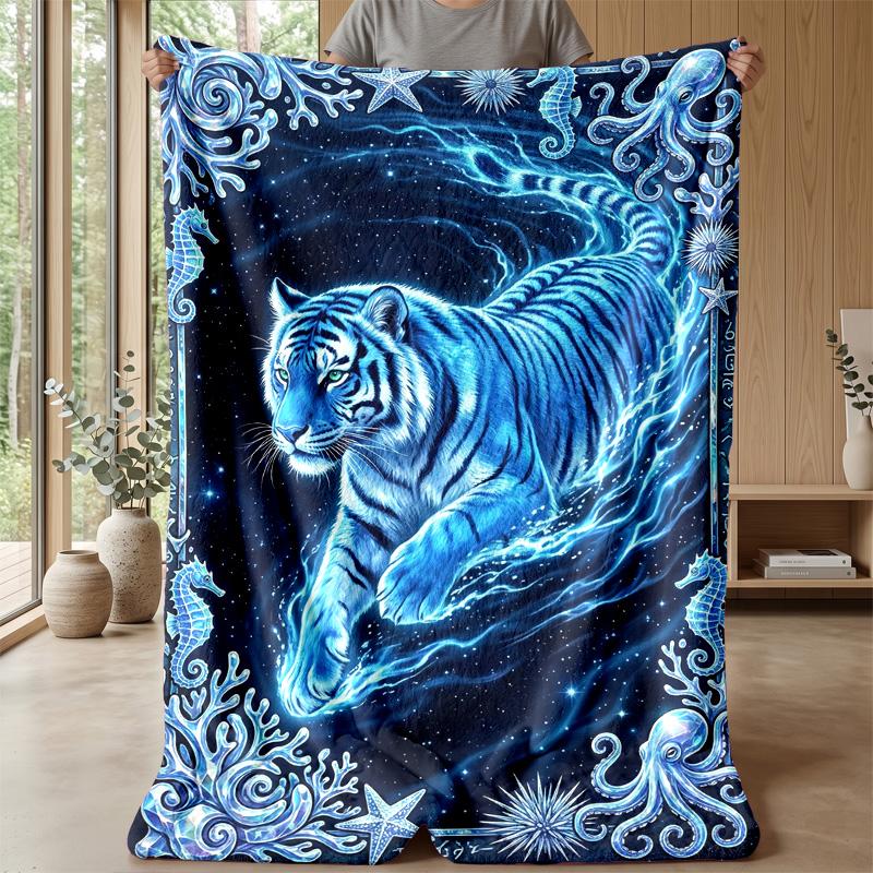 Blue Tiger Fantasy Blanket Personalized Name Flannel Blanket Soft Cozy Plush Throw for Sofa Bed Lightweight Home Decor