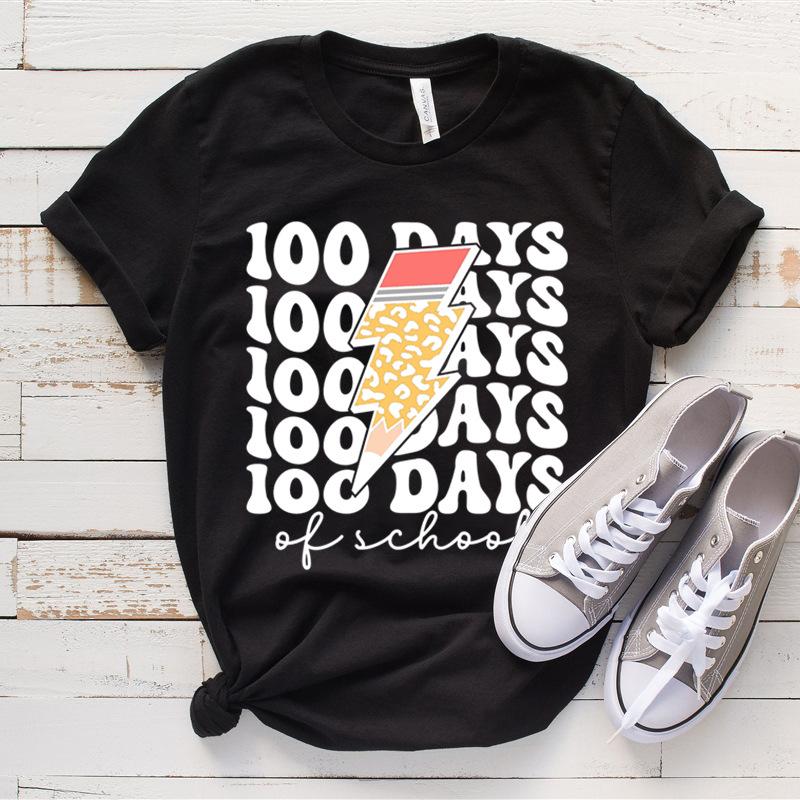 Women's Top 100 Days of School Printed High Street Trendy Fashion Casual Cotton T-Shirts Women’s