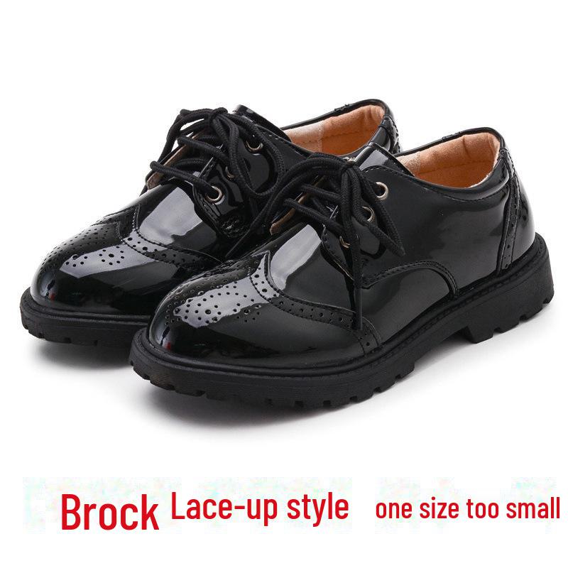 Boys' Black Leather School Shoes - Soft Sole, Floral Design, Korean Style