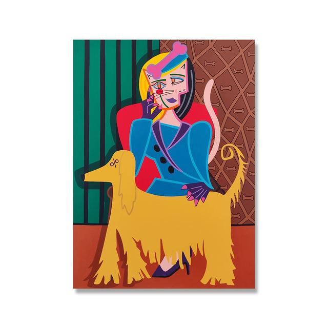 Solid Wood Frame Cartoon Cute Cat Lady with Dog Poster And Prints Animal Canvas Painting Abstract Wall Picture For Living Room Bedroom Home Decor