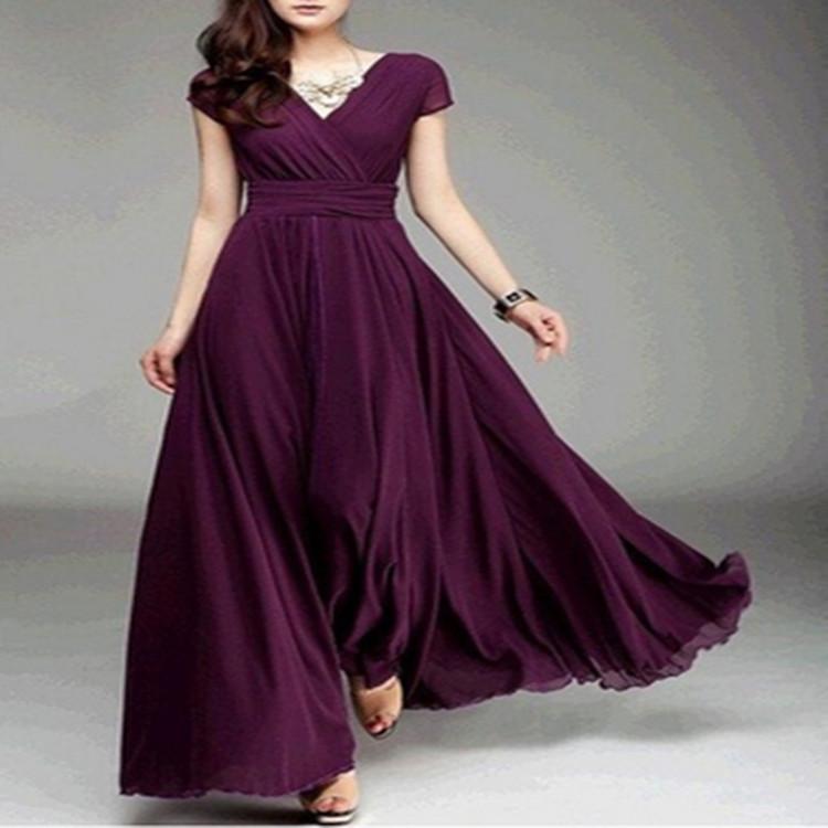 Women's Fashion V Neck Short Sleeve Evening Party Dress Solid Long Cocktail High Waist Summer Dresses