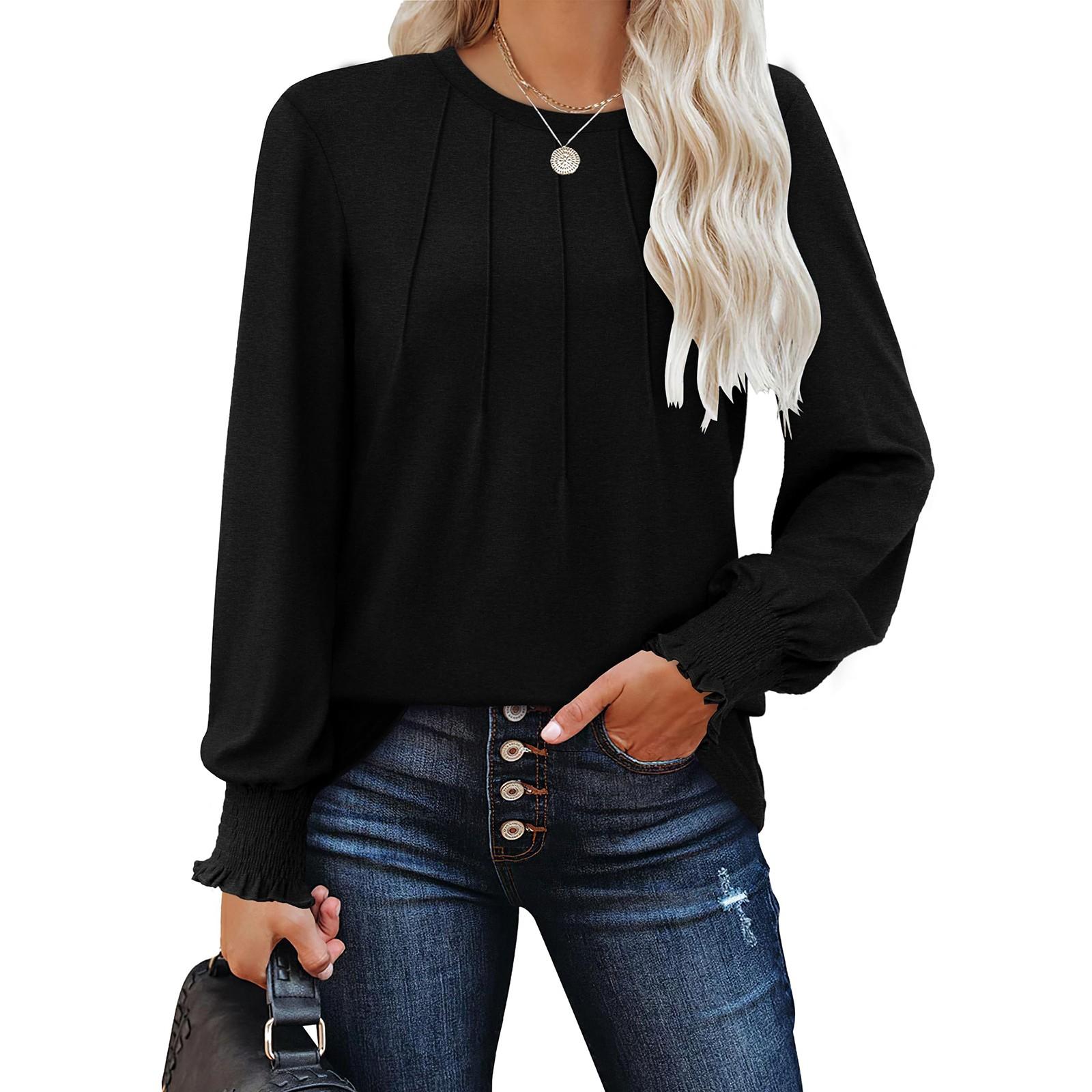 

Женская модная повседневная плиссированная футболка с круглым вырезом и длинным рукавом, однотонная футболка L чёрный