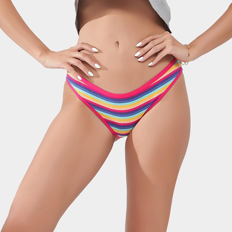 New Colour-Striped Breathable Ribbed Cotton Knickers for Women Comfortable Low-Rise Hot Girl Briefs