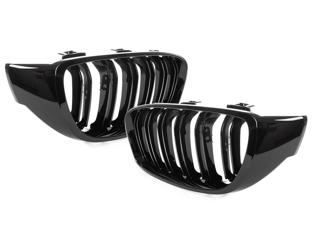 BMW 4 F32 / F33 / F36 13-18 griglie tra i fari (reni) set sinistra + destra DOPPIA BARRA NERA LUCIDA