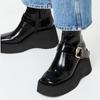 Fashion Black Patent Leather Chunky Heel Women Boot Fashion Metal Buckle Sewing Side Zip Design Ankle Boot Cozy Waterproof Platform Boot