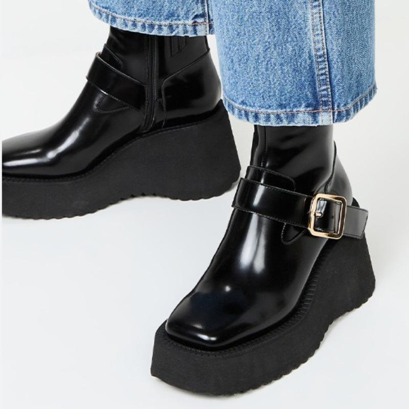 Vysoce kvalitní lakovaná kůže dámské kotníkové boty design s přezkou na opasku lehké platformové boty pohodlné čtvercové špičky designérské boty