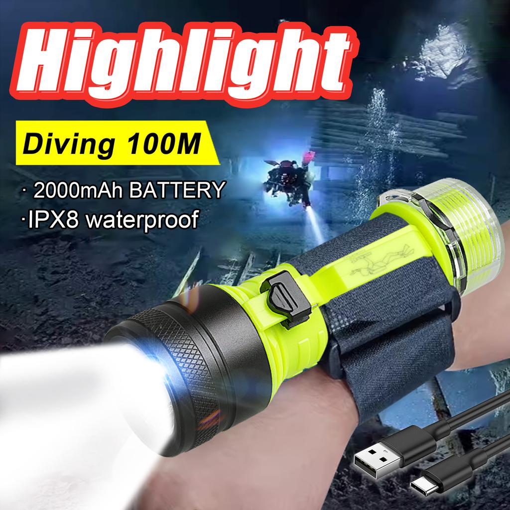 High Power Diving Flashlight 18650 Underwater Lantern Rechargeable Lamp IPX8 Waterproof Professional Dive Torch With Wrist Strap