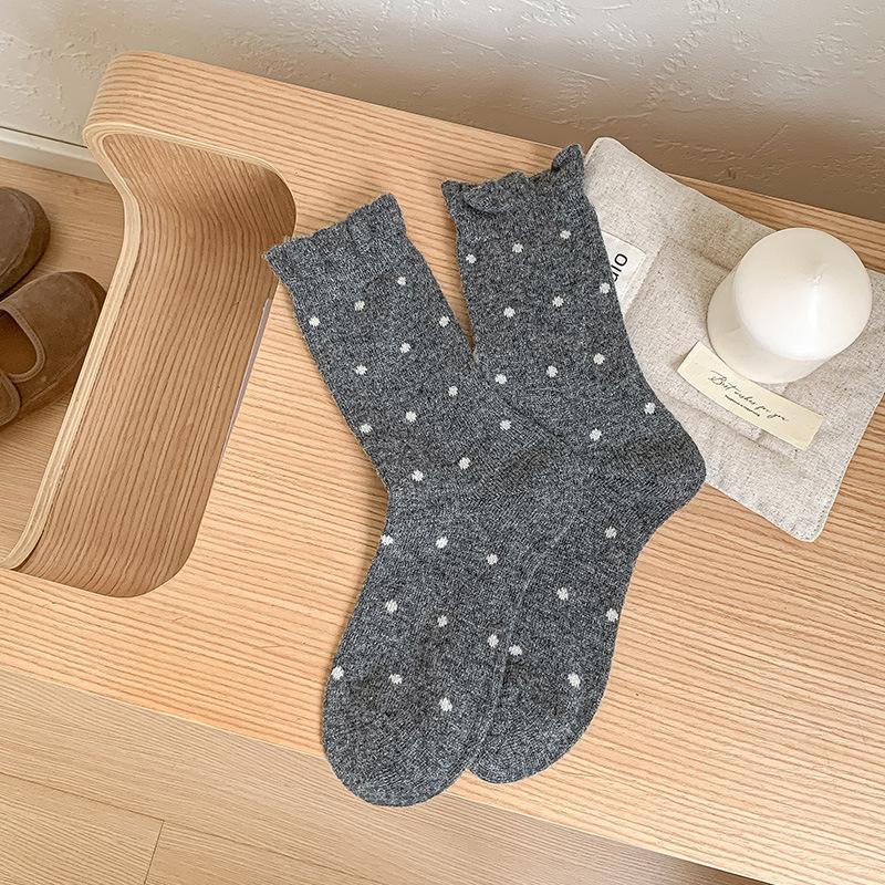 Polka Dot Wool Socks Medium Tube Socks Thickened Cashmere Thermal Stacking Socks White Versatile Double Needle Stockings
