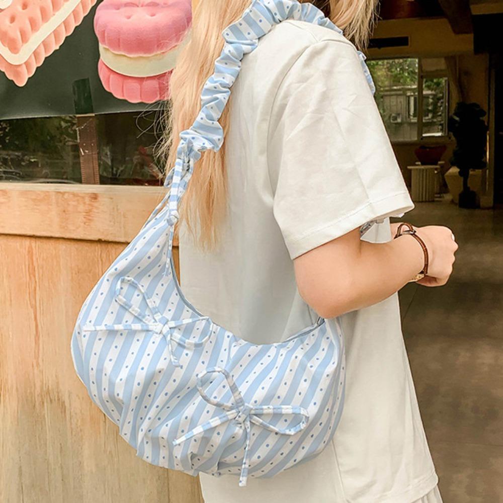 

Stripe Cloth Dumpling Bag Fresh Color Pleated Shoulder Bag Casual Bowknot Tote Bag Students синий