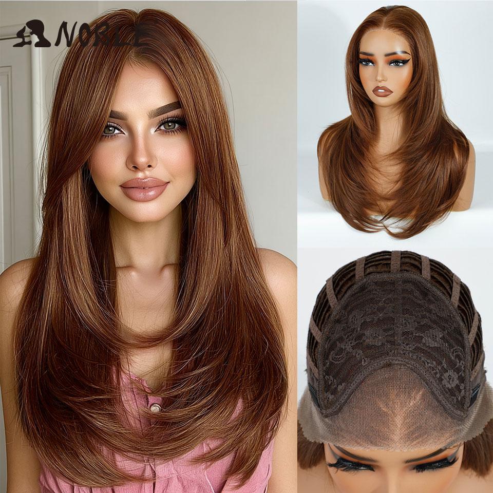 Noble Cosplay Synthetic Lace Front Wigs For Women 13x3 Straight Lace Wig Pre Plucked Layered Wig Ombre Blonde Brown Lace Wig