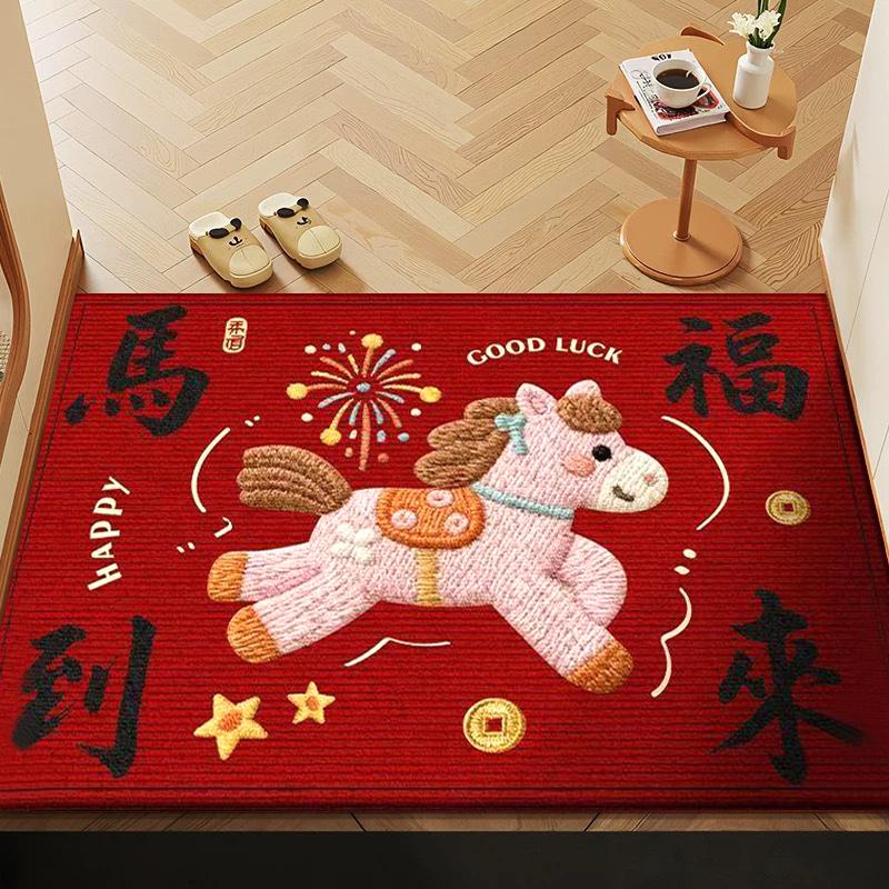 Horse Year Door Mat Chinese New Year Welcome Home Entrance Floor Mat Non-Slip Red Carpet Spring Festival Supplies