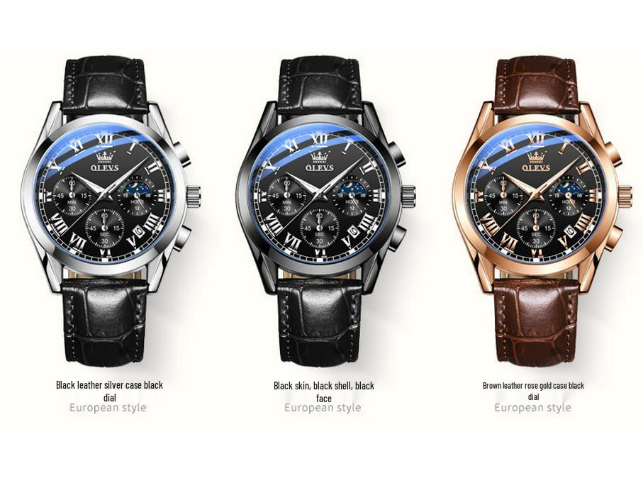 Oulishi Men's Waterproof Luminous Chronograph Quartz Watch with Three-Eye, Six-Hand Design.