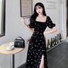 European and American style chiffon large size fat MM high waist waist black floral waist floral split bubble sleeve dress women