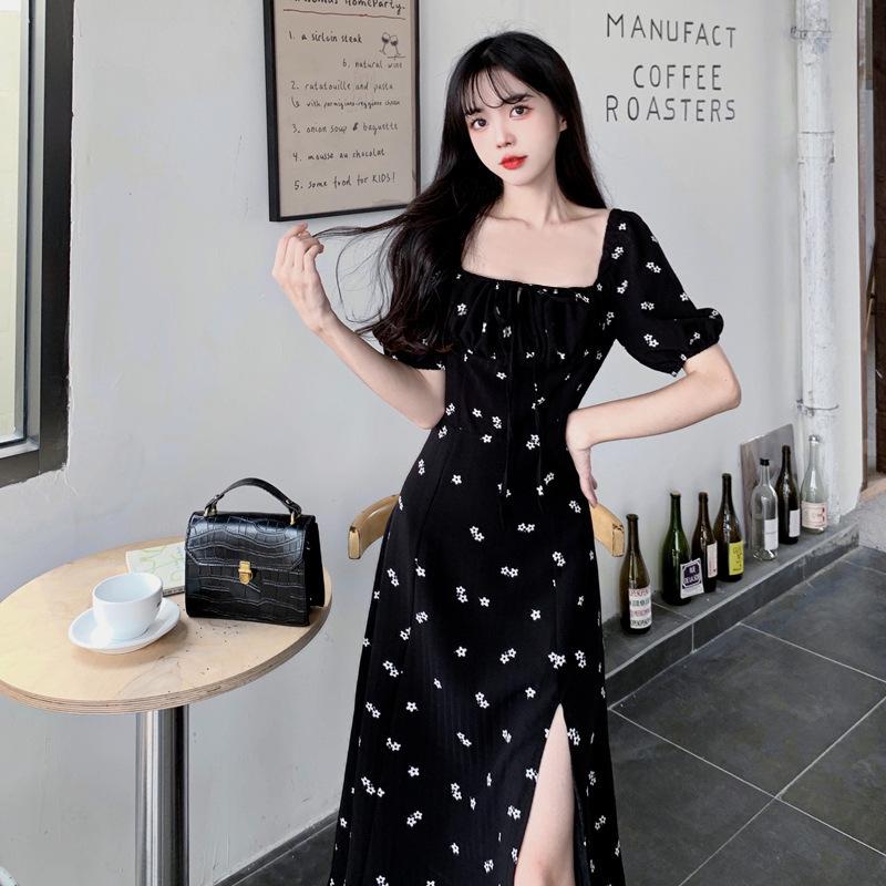 European and American style chiffon large size fat MM high waist waist black floral waist floral split bubble sleeve dress women