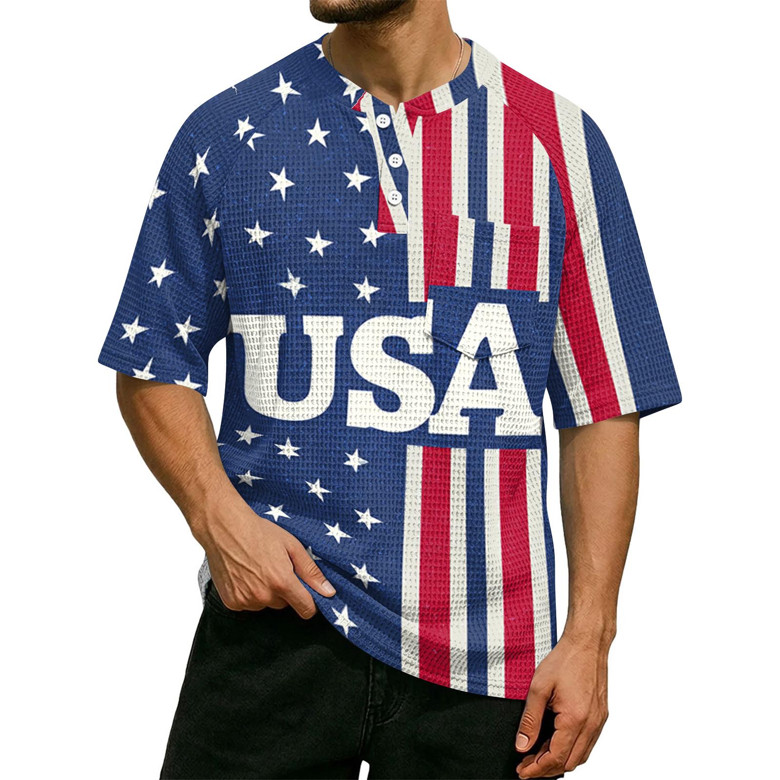 Men s Casual Waffle Knit Short Sleeve Shirt USA Letter Print Lightweight Breathable Summer Top L