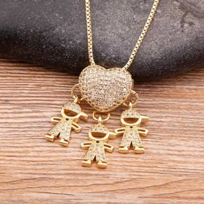 Nidin Fashion Son Daughter Heart Gold Color Family Girl Boy Pendant Necklace Jewelry For Mother Gift