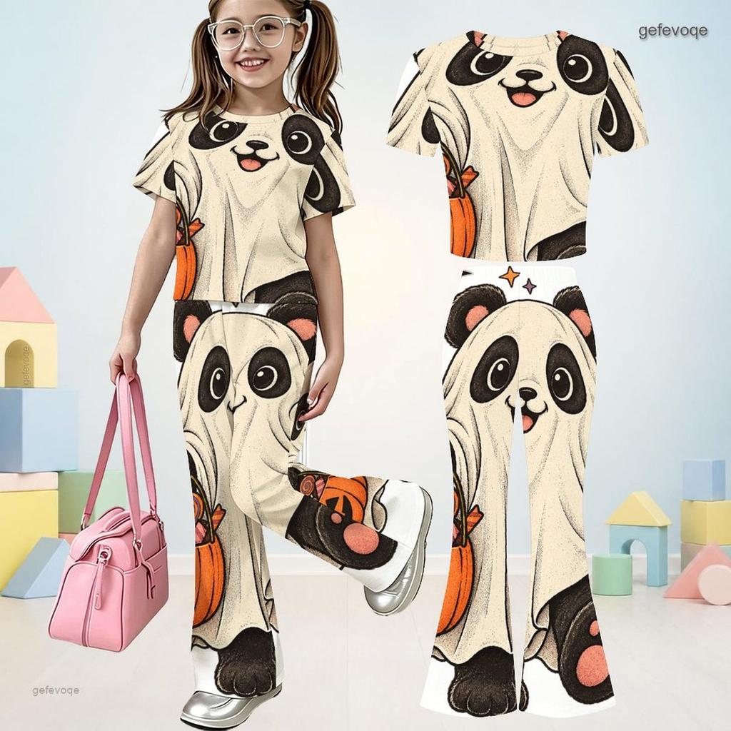 Girls Round Neck Short Sleeve Panda Ghost Printed Top And Flared Pants Two Piece Set