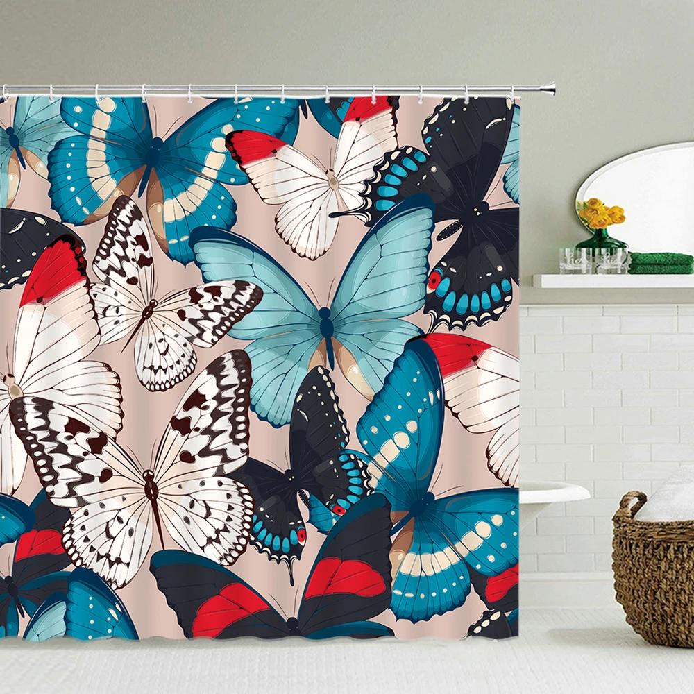 Beautiful Butterfly Shower Curtains Waterproof Fabric Colored Flowers Bath Curtain Bathroom Bathtub Decoration with Hooks