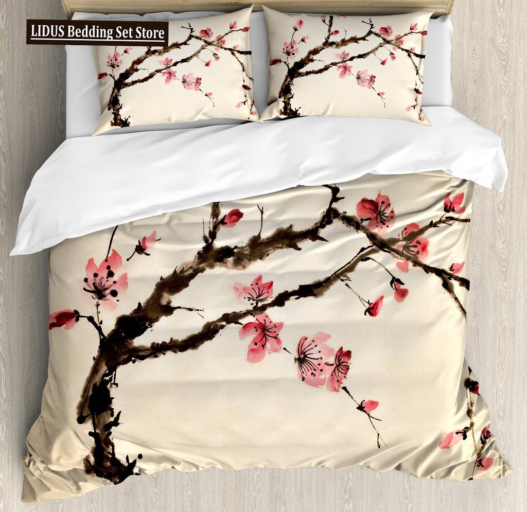Japanese Duvet Cover Set,Branch Of A Flourishing Sakura Tree Flower Cherry Blossoms Spring Theme Art Japan Bedding Set Full Size