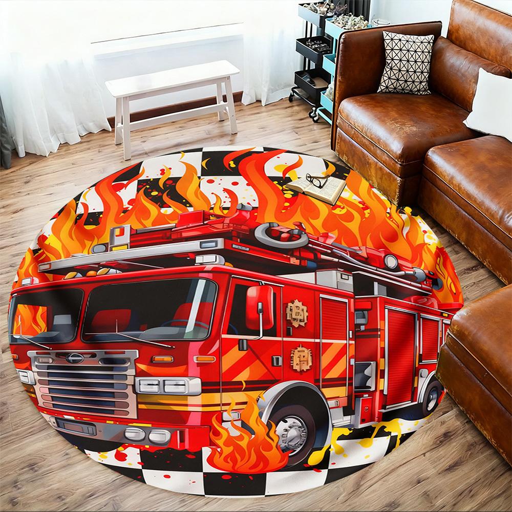 1PC Firetruck Flames Round Chair Mat Area Rug - Non-Slip, Floor Mat for Office, Bedroom, and Indoor Decor -Gift D1127234