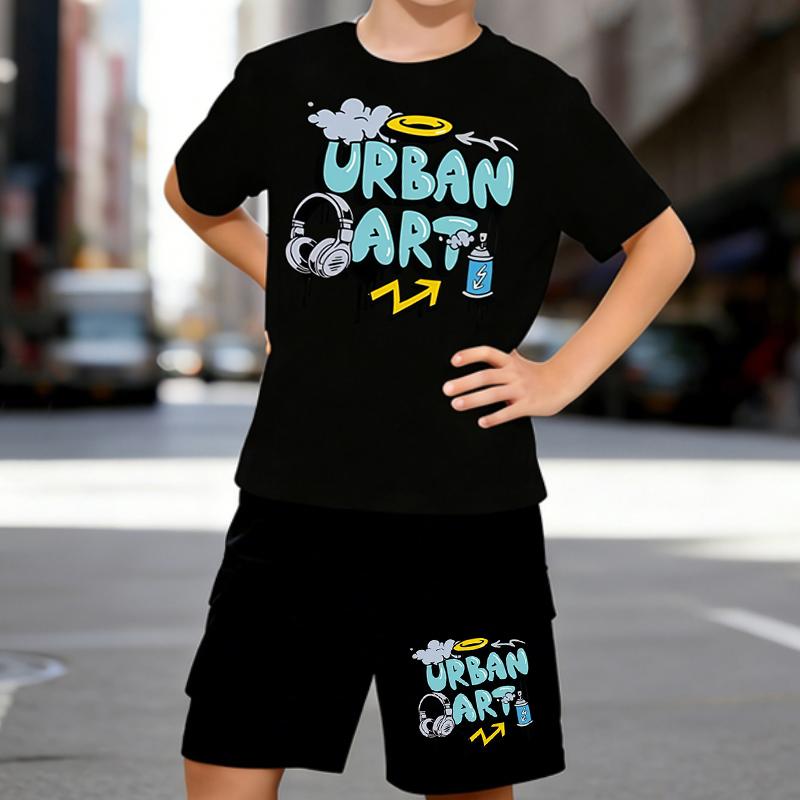 

Boys 2 Piece City Street Graffiti Print Outfit, Short Sleeve T-Shirt and Shorts Set for Kids Age 5-14,Black and White Sporty Casual Summer Clothes 5-6 Years чёрный
