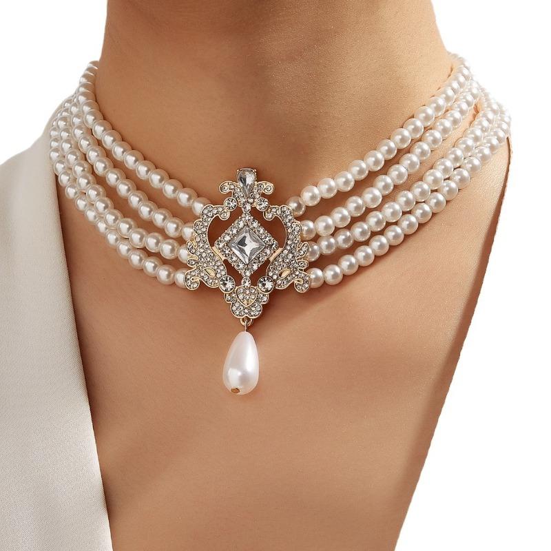 French retro pearl necklace - four-row, multi-layered court style choker - statement necklace for women
