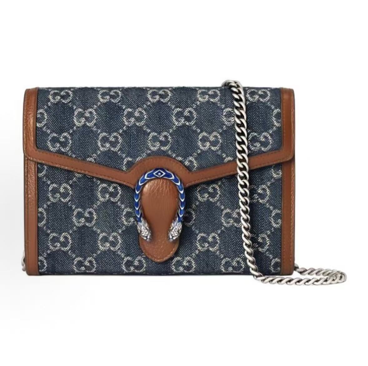 

Gucci Dionysus Aged Flower Logo Tiger Head Buckle Chain Denim Patchwork Leather Purse Messenger Bag Crossbody Bag Mini Female Style Gray Blue/Brown Basic+Dust Bag синій/коричневий