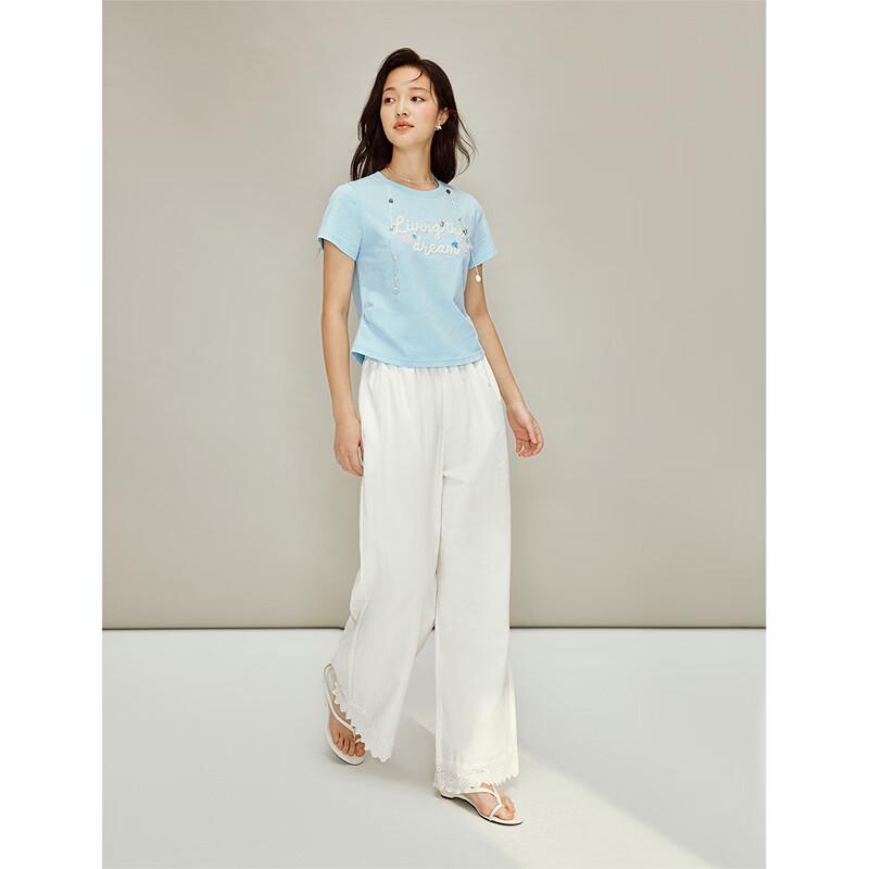 INMAN Heavy Embroidery Shell Beaded Gathered Short Sleeve T-Shirt