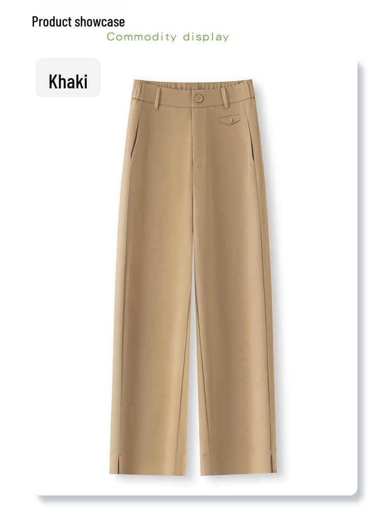 Women's Khaki High Waist Wide Leg Cropped Pants - Spring/Autumn 2025 Casual Slimming Trousers