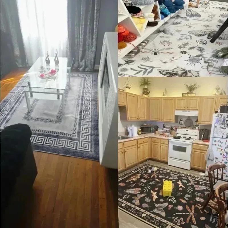 Luxury Chenille Mat Bohemian Floral Persian Mat Machine Washable for Living Room Bedroom Entryway Gray Black Boho Floor Mats