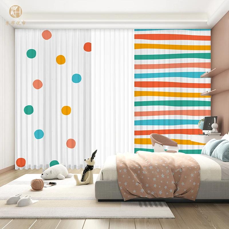 Bedroom Curtain Cartoon Green Simple Creative Flower Art Girl Children's Room Study Bay Window Curtain High Shading 2 Pcs New