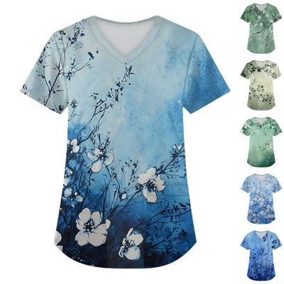 Damen Kurzarm Mode V-Ausschnitt mit Taschen Blumendruck Tops Kleidung