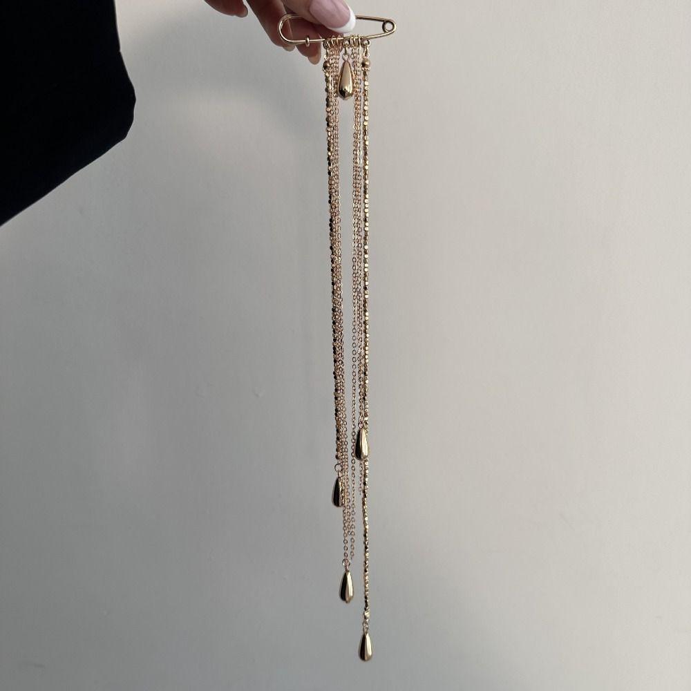 Exaggerated Clothing Tie Pin Alloy Bead Fixed Ornament Tassel Chain Brooch  Women Girls