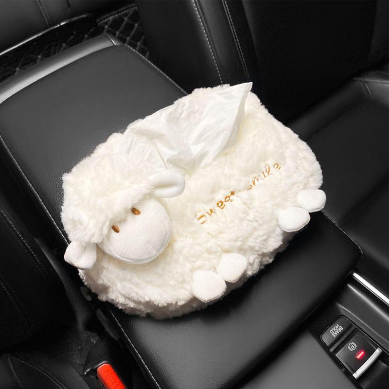 Car Tissue Holder Cartoon Sheep Soft Plush Wipes Dispenser Tissue Box Car Organizer Cute Car Interior Accessories