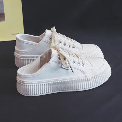 Thick-Soled Breathable Biscuit Shoes Versatile Half-Drag Canvas Shoes, Women Wear One-Pedal Lazy Casual Board Shoes