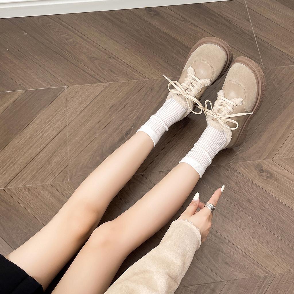 Platform Cotton Shoes Women's Thick Heel Retro Winter Plush Warm Fluffy Shoes Lace-up Small Leather Shoes
