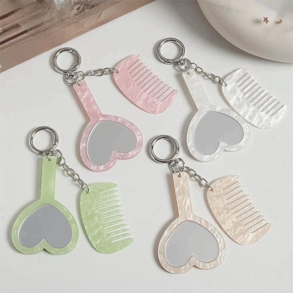 Acetate Material Grooming Keyring Mini Fine Tooth Comb Heart Mirror Comb  Outdoor Touch Up