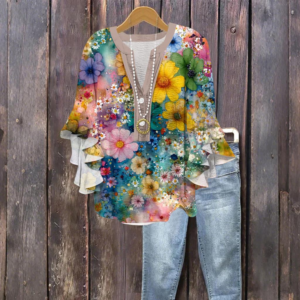 Dámská módní knoflíková halenka s volánky a sedmivteřinovým rukávem, top s květinovým potiskem