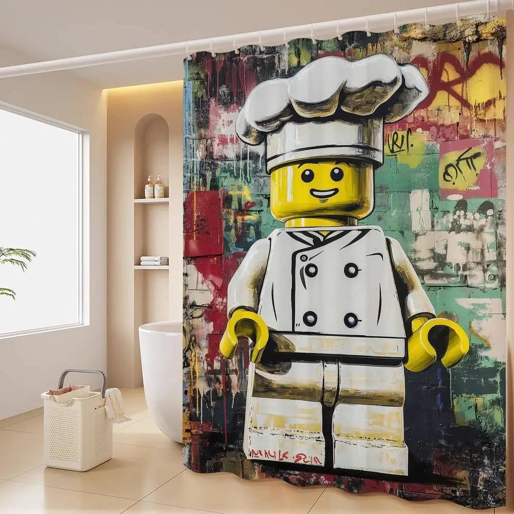 Cartoon Abstract Fun Various Occupations L-Legos Shower Curtain, Bathroom Decorative Shower Curtain, Waterproof Shower With Hook