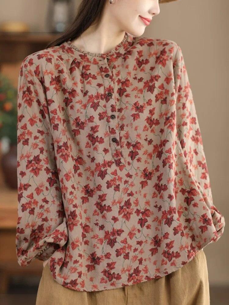 Johnature Women Vintage Print Floral T-Shirts Long Sleeve O-Neck Spring Tees Double Cotton Soft Loose Women T-Shirts