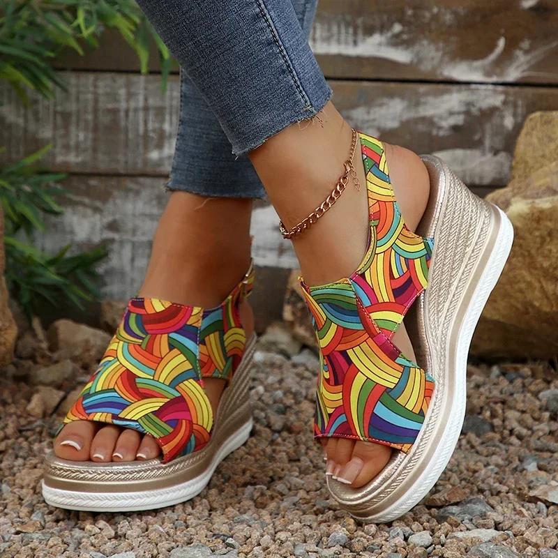 Rainbow Graffiti Wedge Heels Sandals for Women Summer 2025 Peep Toe Platform Sandals Woman Buckle Strap Thick Bottom Beach Shoes