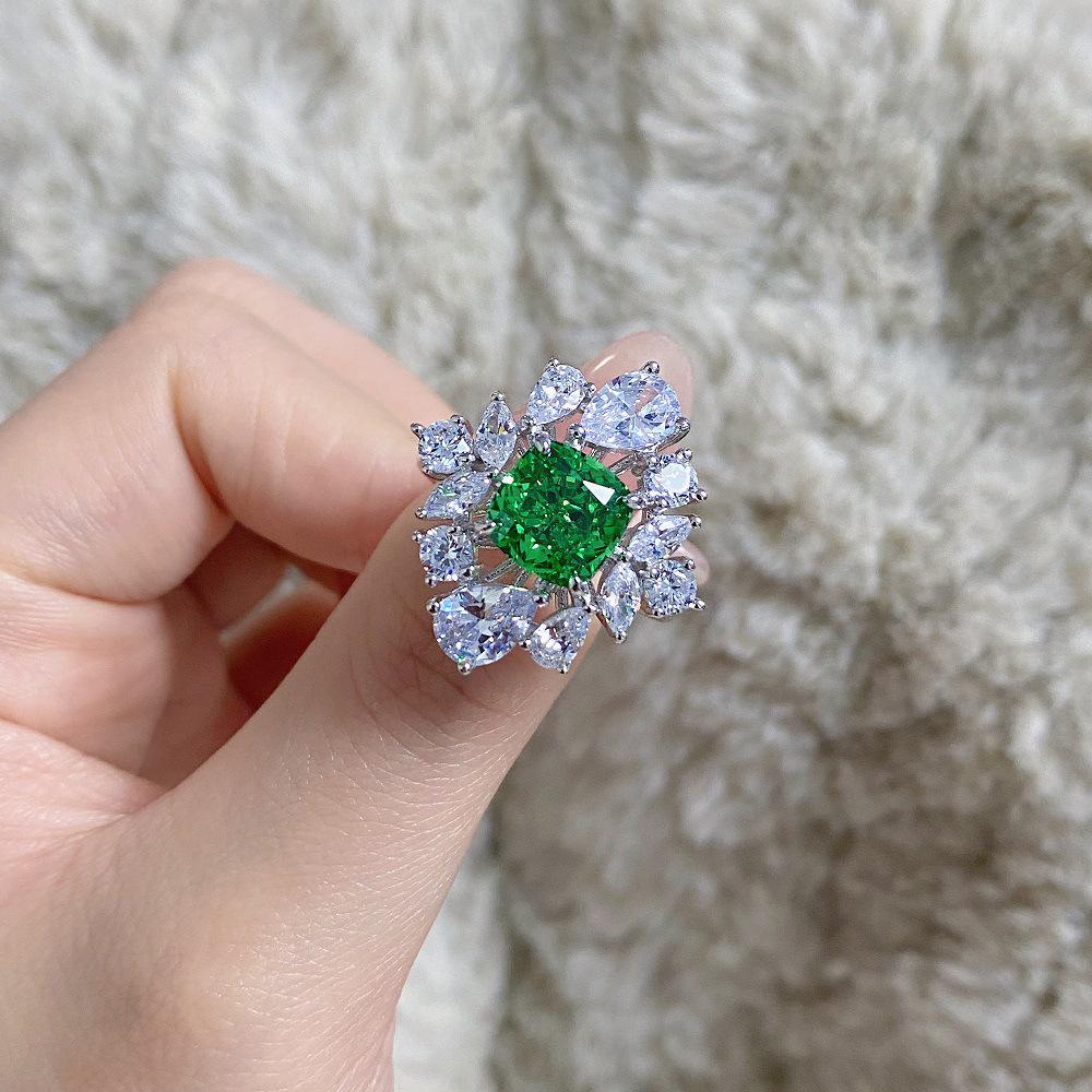 Smaragd Pagodenschliff 925 Sterlingsilber Ring mit Grünem Diamant Eisblume Edelstein
