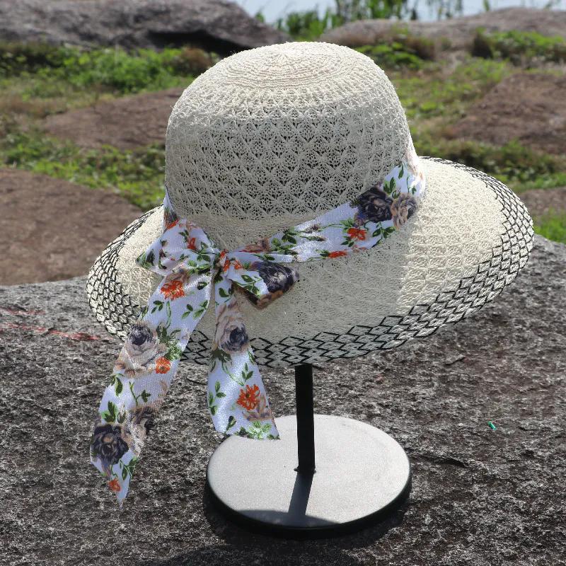 

WTEMPO Ажурные весенне-летние вязаные складные солнцезащитные шляпы женские однотонные широкополые дорожные пляжные дышащие солнцезащитные шляпы с напечатанным бантом 1pc бежевый