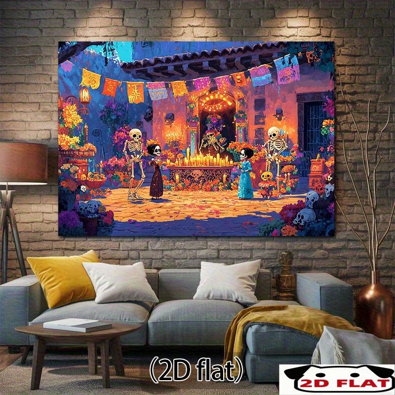 2D flat banner, 1 piece, Halloween theme scene - vibrant Mexican culture theme