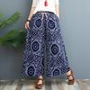 Women's High Waist Drawstring Ramie Wide Leg Culottes Loose Plus Size Nine Length Printed Linen Skort Vintage Floral Palazzo Pants