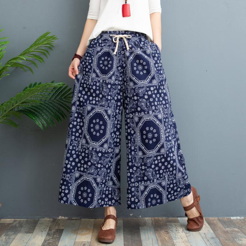 Women's High Waist Drawstring Ramie Wide Leg Culottes Loose Plus Size Nine Length Printed Linen Skort Vintage Floral Palazzo Pants