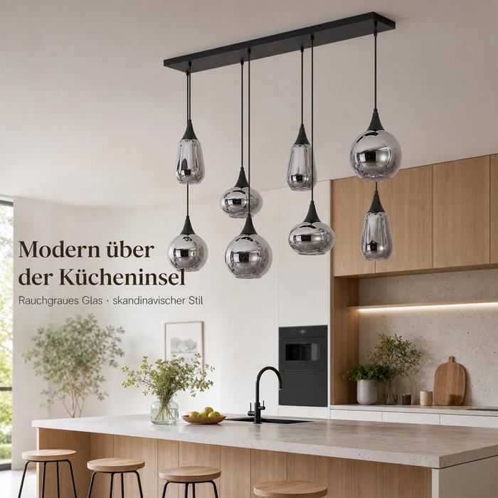 NETTLIFE Lustre douille en verre E27 8 lampes cordon de suspension réglable en hauteur style rétro