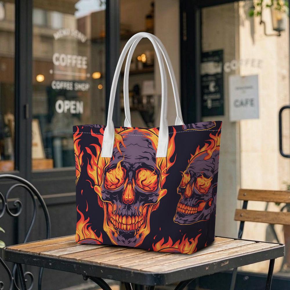 Cool Flame Skull Pattern Tote Bag Fashion Daily Casual Shoulder Handbag for Outdoor Shopping