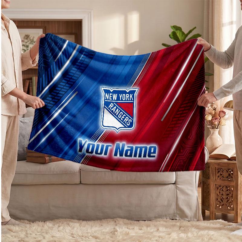 New York Rangers Flannel Blanket, Custom Name Text Personalized Soft Throw Blanket Home Decor Gift