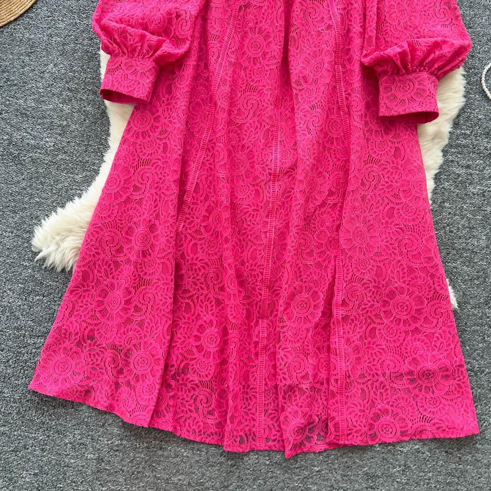 French Court Style Dress Women's Autumn High-end Single-breasted Waist and Thin Temperament Lace Long Dresses